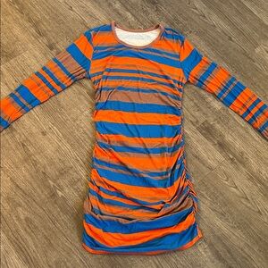 Striped Long Sleeve Dress - Orange and Blue